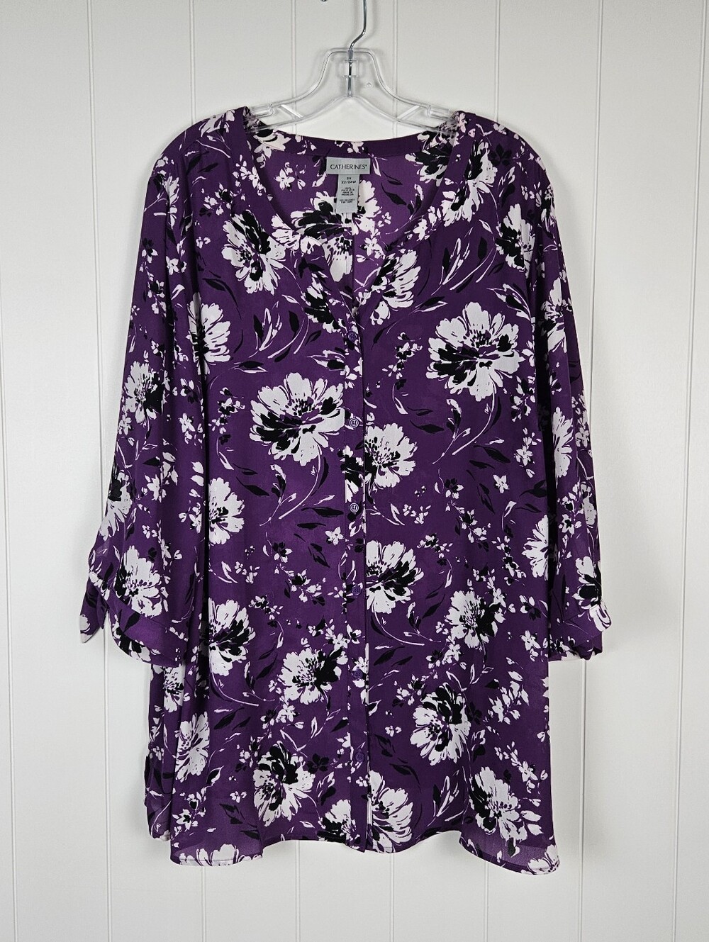 Catherines Floral Blouse Purple Button Up 3/4 Sleeve Lightweight Office Womens